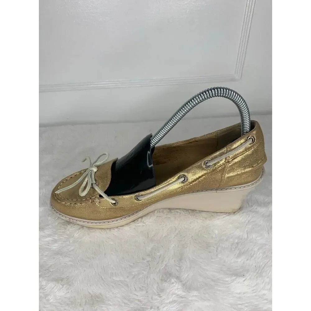 Sperry Womens Gold Metallic Wedge Boat Shoes Size 7.5M